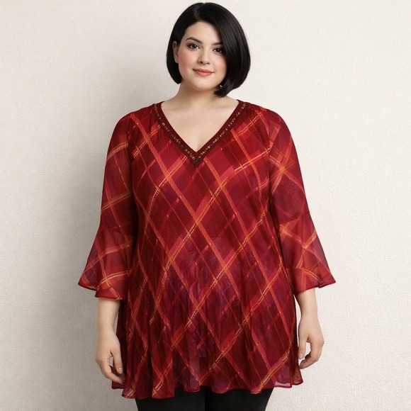 Catherines Tops - Catherines Red Plaid Beaded V-Neck Pleated Tunic‎ Top Plus Size 0X 14/16W